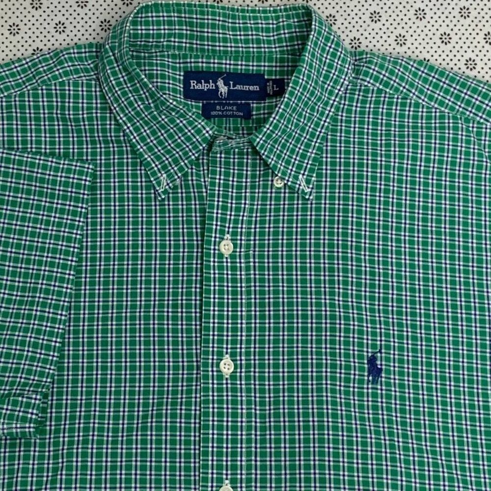 Ralph Lauren Blake Mens L Green Plaid VTG Short Sleeve Button Down Shirt Cotton